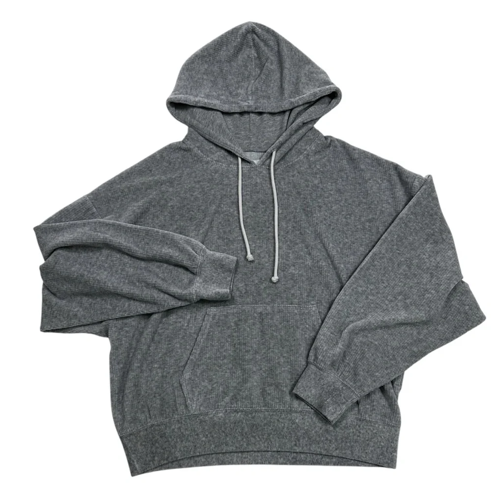 American Eagle Gray Knit Cropped Hoodie Sweater Drawstring Pocket Women’s M - Picture 3 of 8